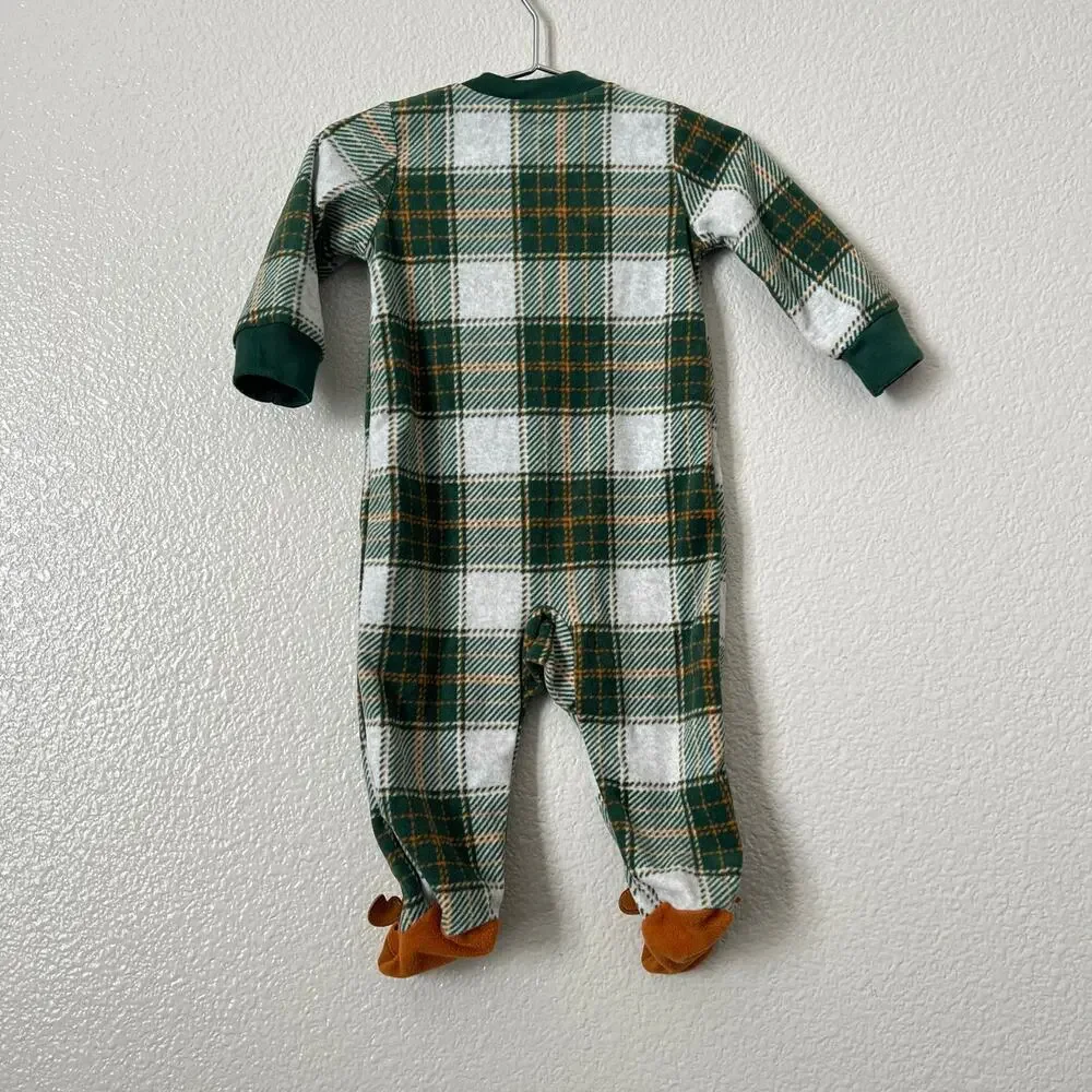 Carter’s reindeer fleece zip footie onesie green tan brown plaid